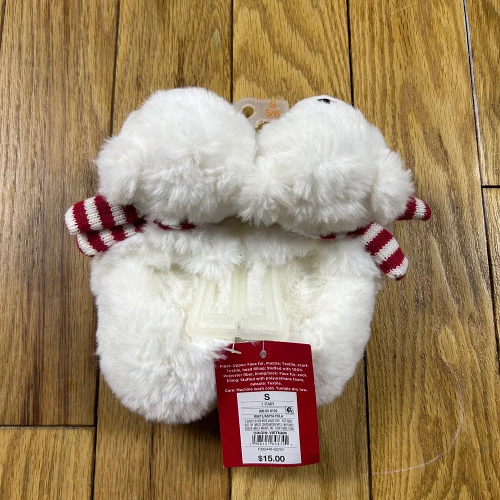 NEW Baby‎ Slippers White Bear Plush Fuzzy Red Stripe Scarf S 5/6